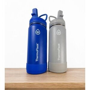 ThermoFlask 16oz Insulated Stainless Steel Bottle 2-Pack Blue Grey Straw Lid